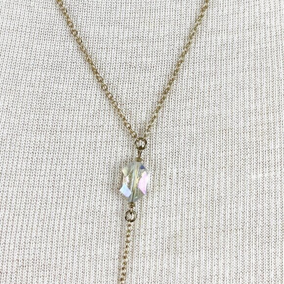 Iridescent Crystal Bead Lariat Y-Necklace on Gold Tone Chain - Picture 3 of 6